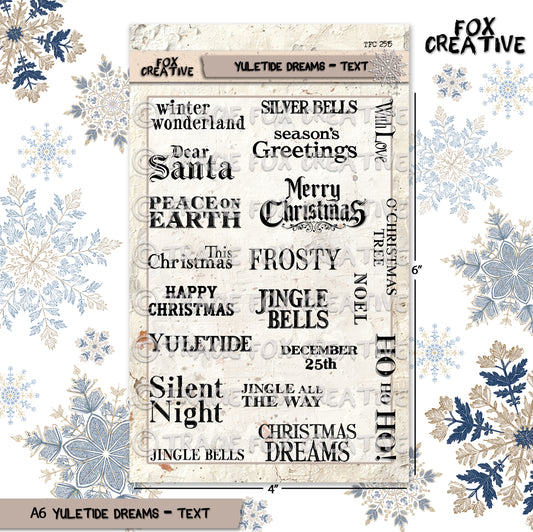 YULETIDE DREAMS – Text, Rustic Christmas Sentiment Stamp Set Set (4”x6”) (£11.98 inc VAT) TFC 2515